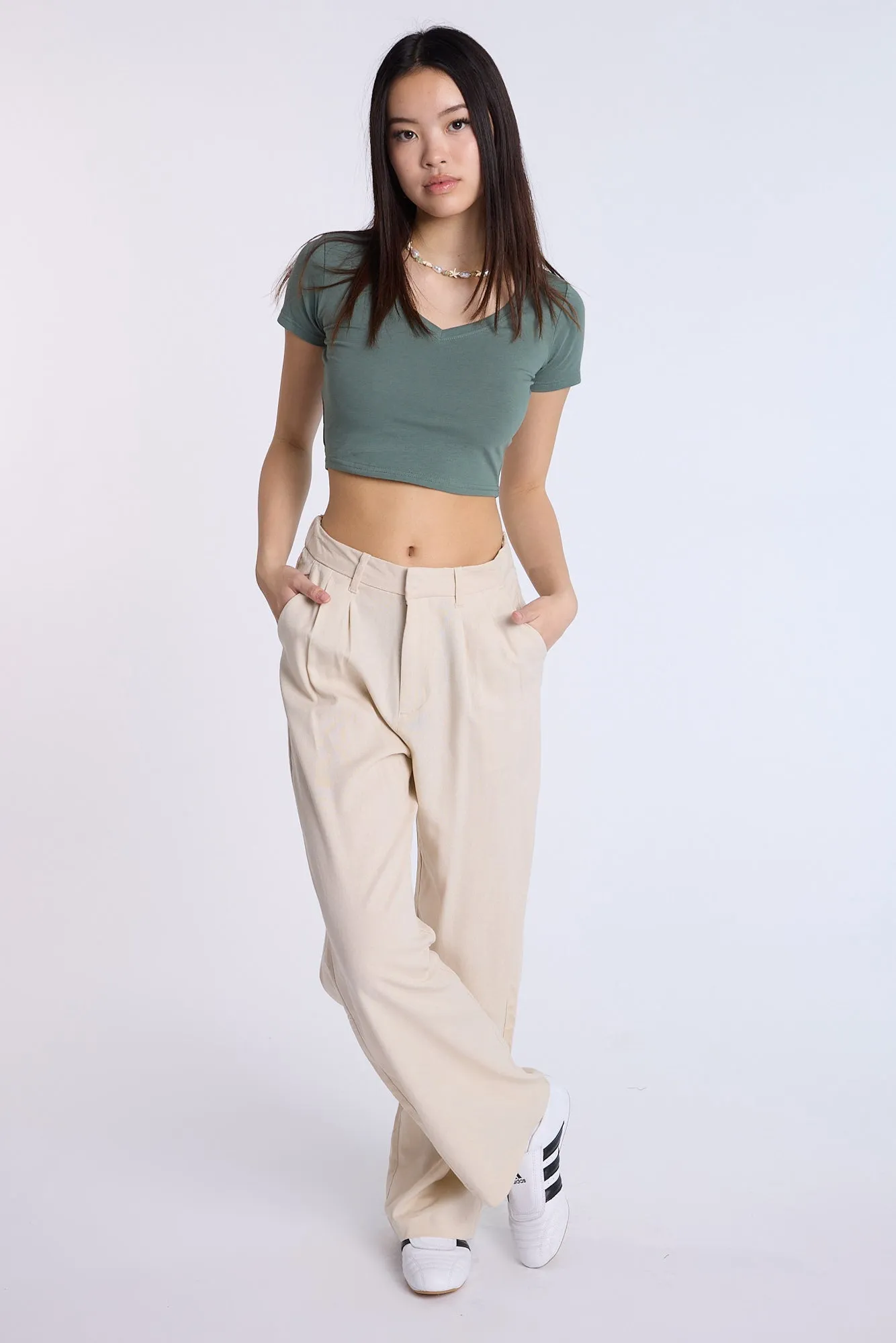 Cotton Short Sleeve V-Neck Cropped Tee