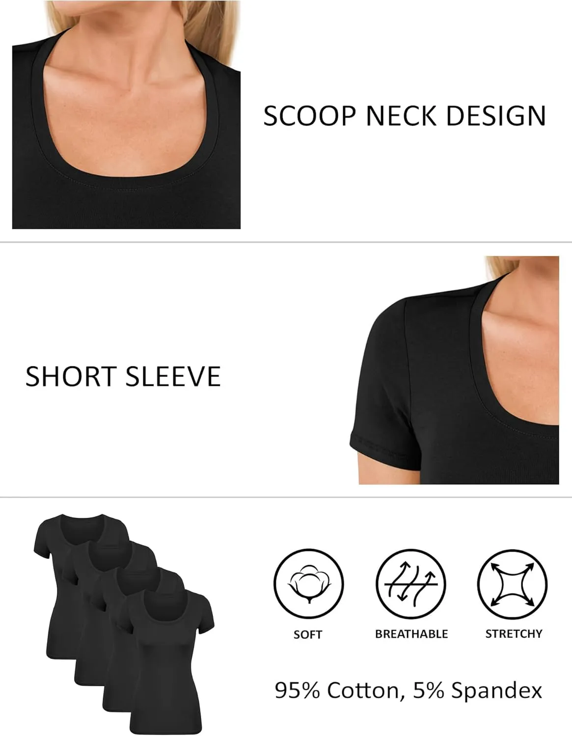 Cotton Tshirts for Women Short Sleeve Tshirt Basic Tees Plain T Shirt Womens Casual Tops Tee Undershirt Pack 1-4