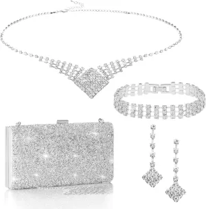 Coucoland Bridal Jewelry Set for Wedding - 4 In 1 Sets Evening Bags for Women Rhinestone Formal Clutch Purses Accessories