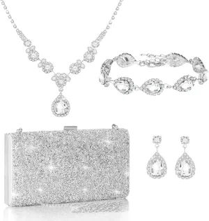 Coucoland Costume Jewelry Set for Women - 4 In 1 Sets Prom Formal Silver Rhinestone Evening Clutch Purses Bags