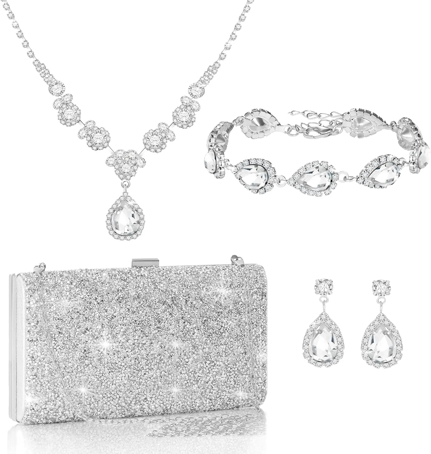 Coucoland Costume Jewelry Set for Women - 4 In 1 Sets Prom Formal Silver Rhinestone Evening Clutch Purses Bags