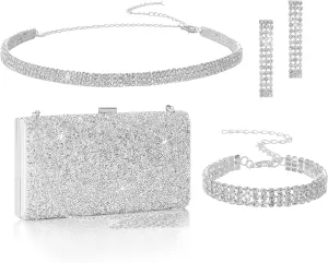 Coucoland Evening Rhinestone Clutch Jewelry - Wedding Bridal Bridesmaid Handbags Purses Silver Accessories for Women Statement Necklace Earrings Bracelets Set Formal Women's Sets