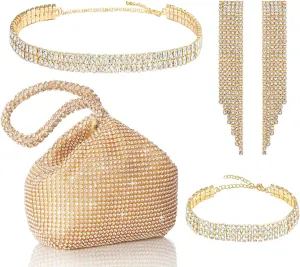 Coucoland Rhinestone Purse Jewelry Set - 4 In 1 Set Evening Clutch Bag Dressy Earrings Choker Bracelet Glitter Wedding Accessories