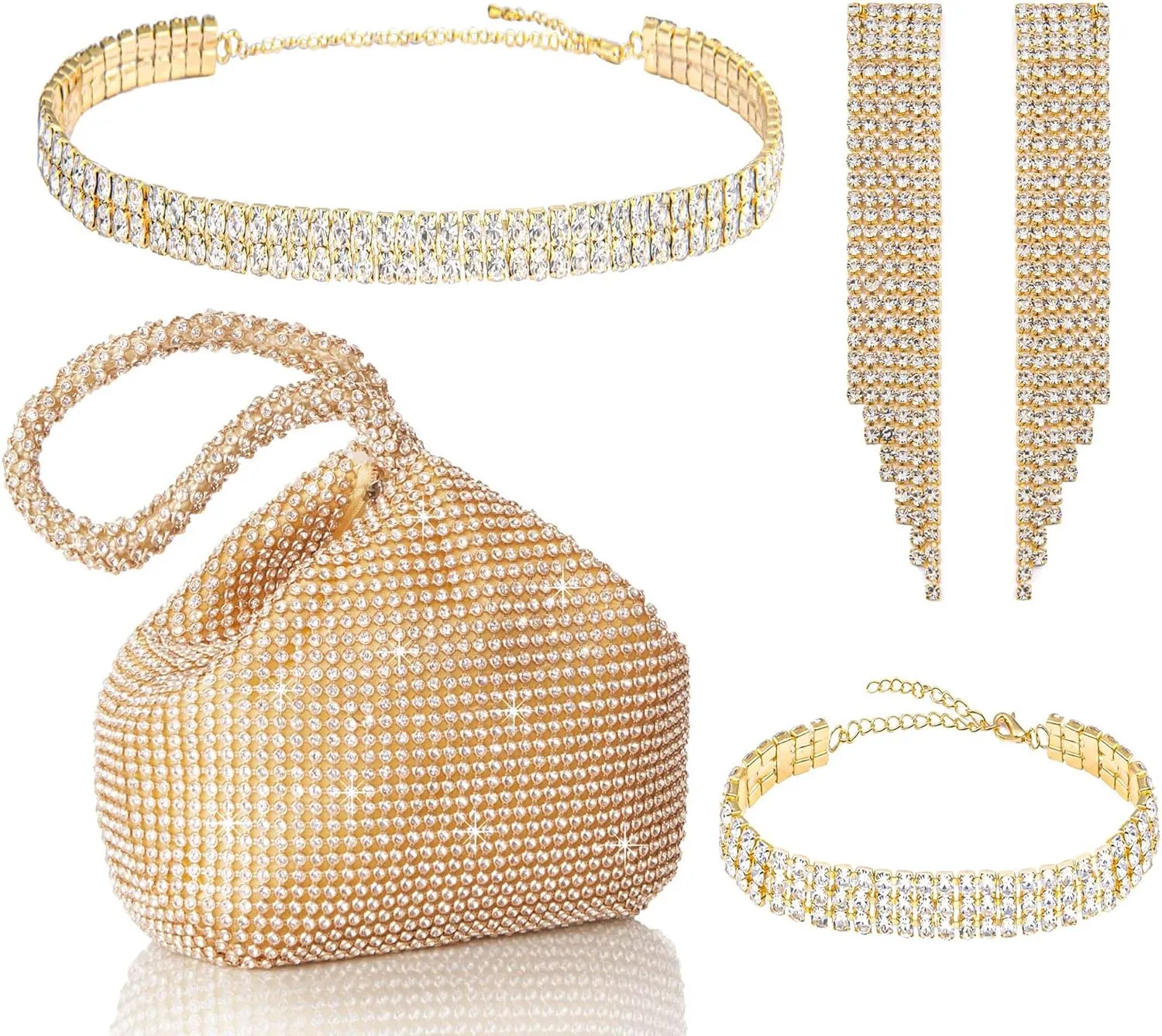 Coucoland Rhinestone Purse Jewelry Set - 4 In 1 Set Evening Clutch Bag Dressy Earrings Choker Bracelet Glitter Wedding Accessories