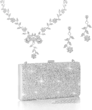 Coucoland Wedding Jewelry Set for Bride - 3 In 1 Sets Women's Silver Formal Indian Evening Bag Clutch Purses Handbag Accessories