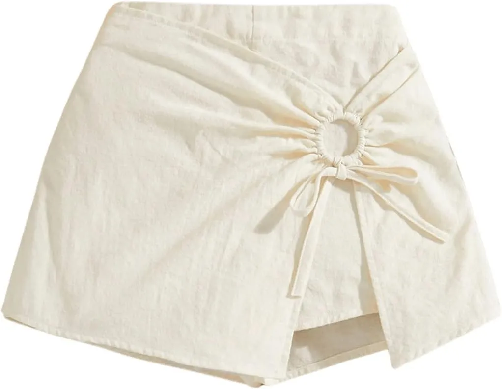 COZYEASE Girl's Wrap Knot Front Asymmetrical Skorts Elastic Waist Casual Linen Shorts Skirts