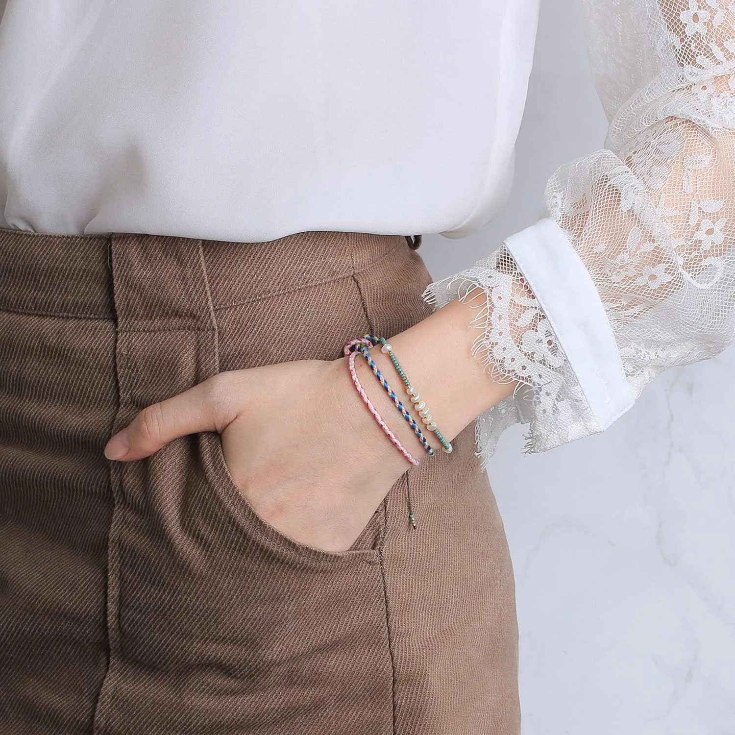CQUAN CHI Charm Pearl Bracelet Handmade Friendship Seed Bead Bracelets Thin Strings Flat Knot Adjustable Women Bracelets