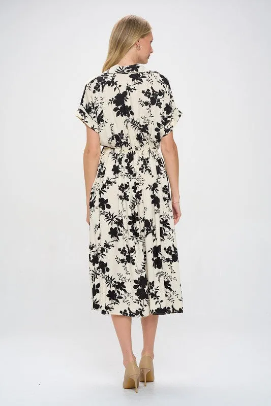Cream Black Floral Midi Dress