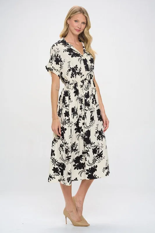 Cream Black Floral Midi Dress