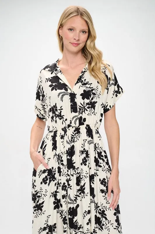 Cream Black Floral Midi Dress