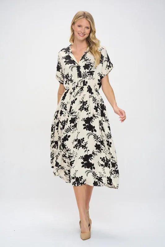 Cream Black Floral Midi Dress