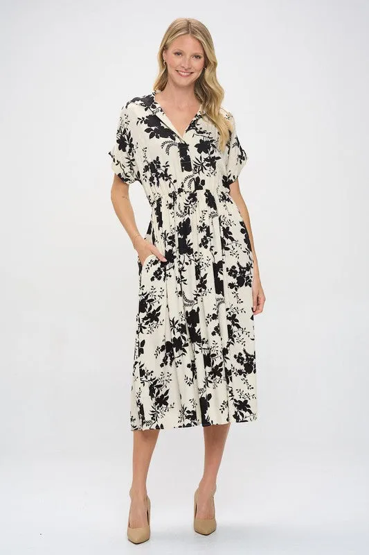 Cream Black Floral Midi Dress