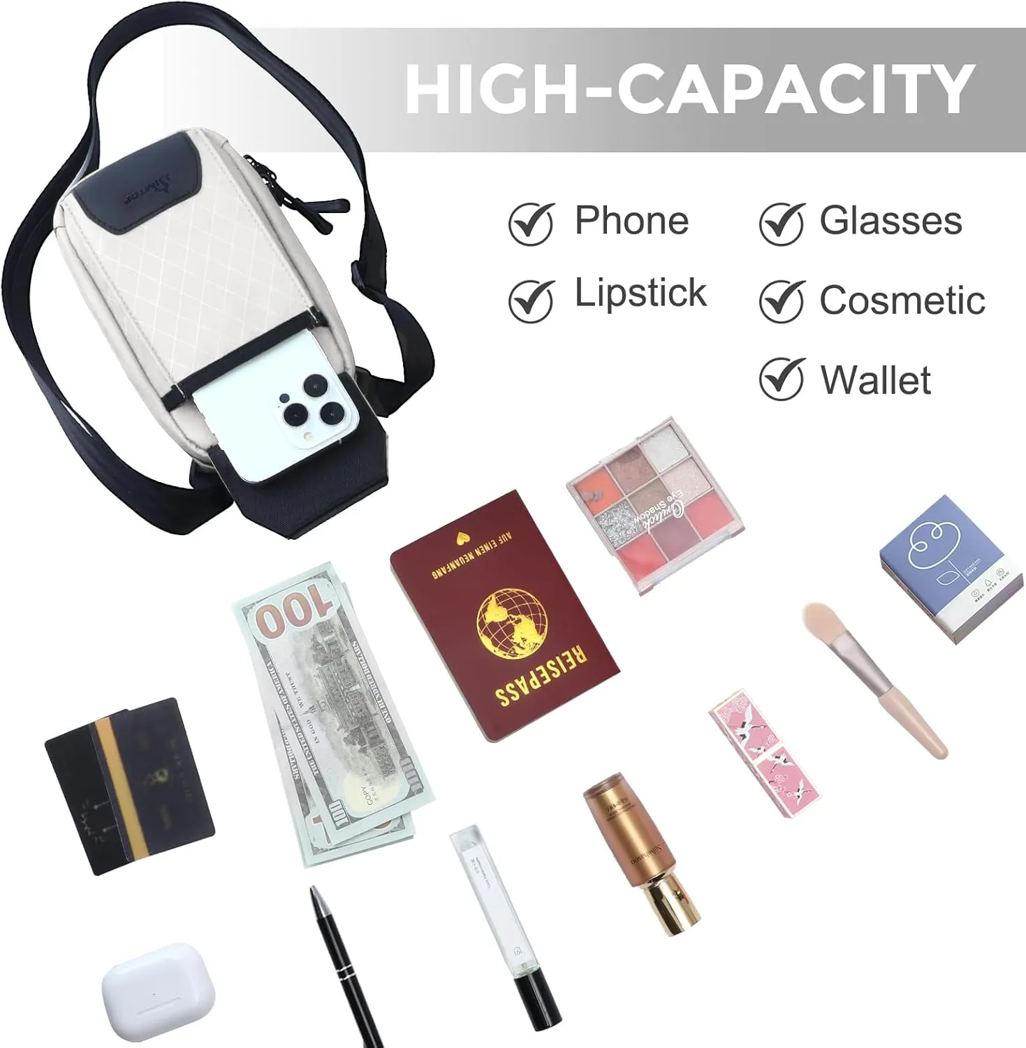 Crossbody Bags for Women Cell Phone Crossbody Wallet Purses Nylon Diamond Quilted Fabric Shoulder Strap Waterproof Zipper