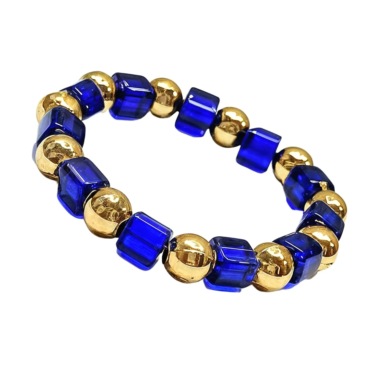Crystal Beaded Stretch Bracelet Handmade Glass Bracelet for Women Men Colorful Crystal Beads Bracelet Elastic Round Bead Bracelets Jewelry Rhinestone Beads (Blue Golden)