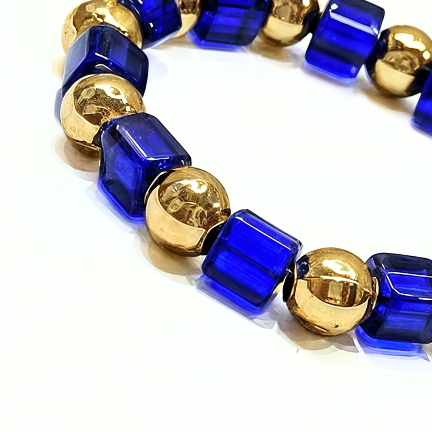 Crystal Beaded Stretch Bracelet Handmade Glass Bracelet for Women Men Colorful Crystal Beads Bracelet Elastic Round Bead Bracelets Jewelry Rhinestone Beads (Blue Golden)