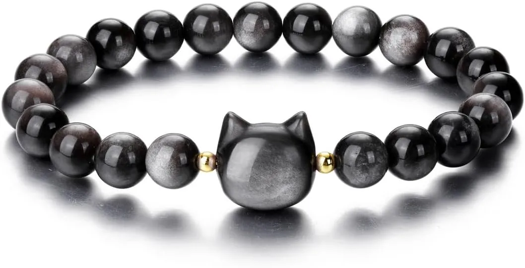 CrystalTears Crystal Cat Bracelet for Women Men 8mm Crystal Stone Bead Bracelets Protection Healing Crystals Gemstones Stretch Bracelet Good Luck Bracelet Jewelry Cat Gifts for Mom Women