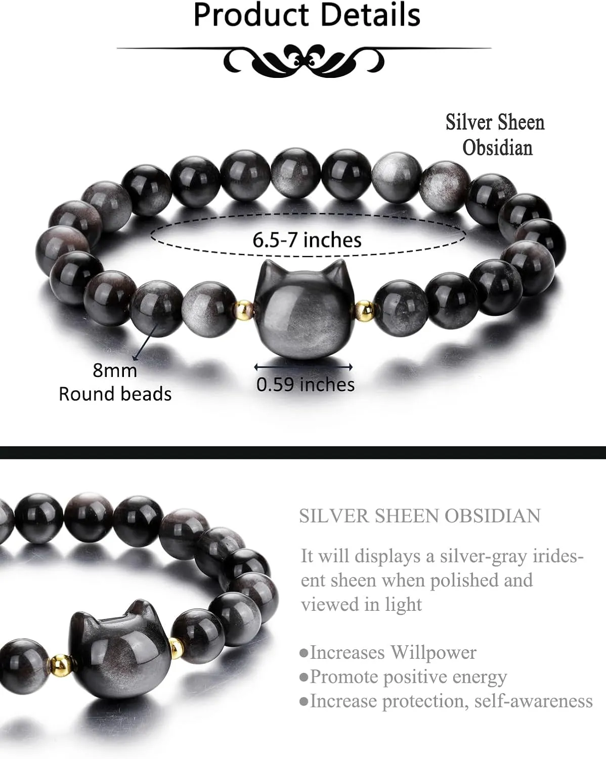 CrystalTears Crystal Cat Bracelet for Women Men 8mm Crystal Stone Bead Bracelets Protection Healing Crystals Gemstones Stretch Bracelet Good Luck Bracelet Jewelry Cat Gifts for Mom Women