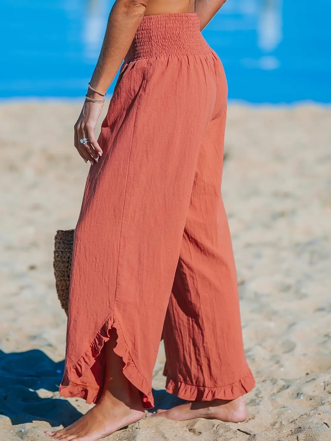 CUPSHE Women Pants Smocked Waist Straight Leg Ruffle Cuffs Loose Fit Pant Casual Beach
