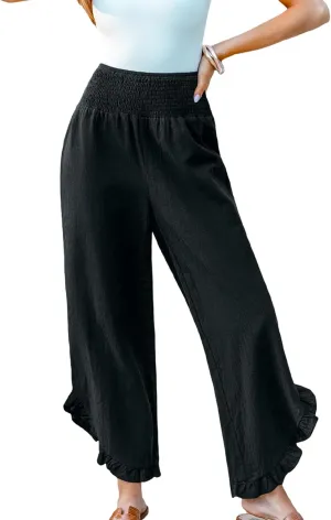 CUPSHE Women Pants Smocked Waist Straight Leg Ruffle Cuffs Loose Fit Pant Casual Beach