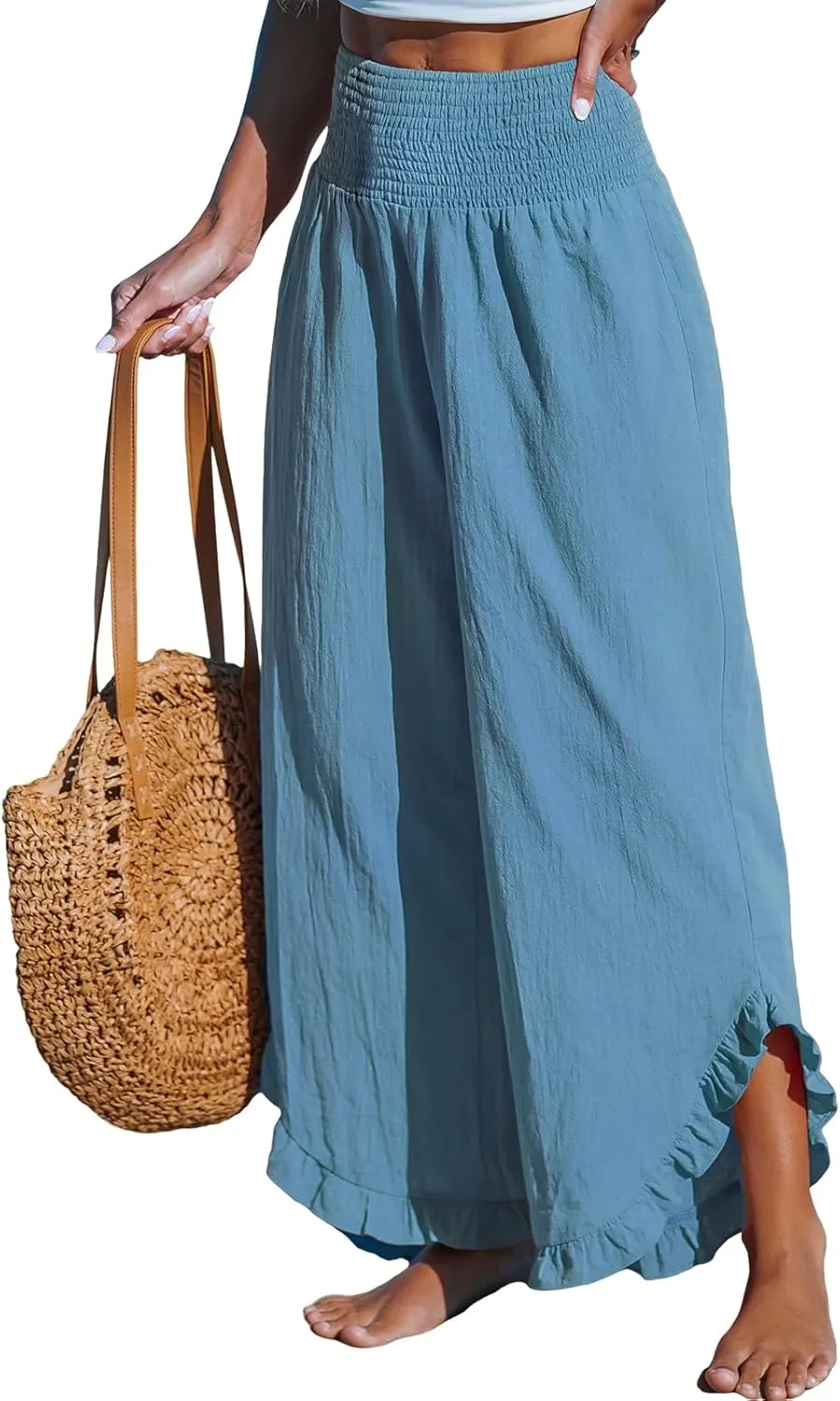 CUPSHE Women Pants Smocked Waist Straight Leg Ruffle Cuffs Loose Fit Pant Casual Beach