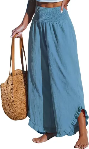 CUPSHE Women Pants Smocked Waist Straight Leg Ruffle Cuffs Loose Fit Pant Casual Beach