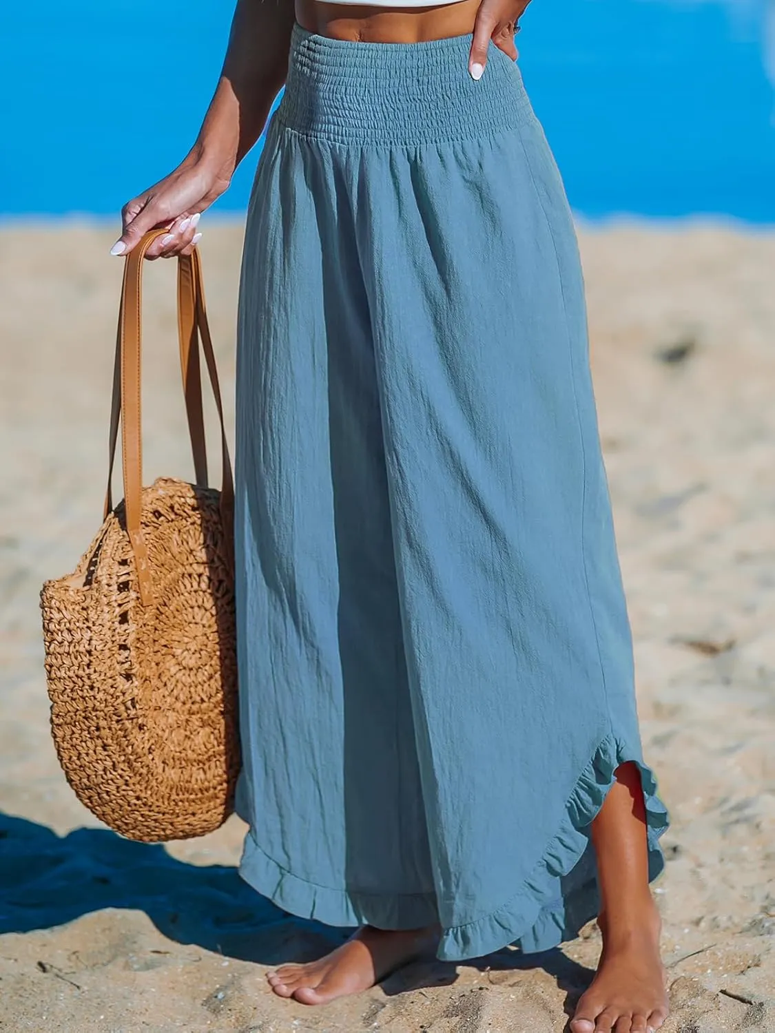 CUPSHE Women Pants Smocked Waist Straight Leg Ruffle Cuffs Loose Fit Pant Casual Beach