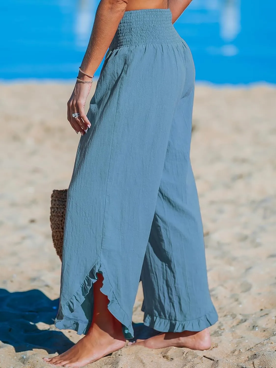 CUPSHE Women Pants Smocked Waist Straight Leg Ruffle Cuffs Loose Fit Pant Casual Beach