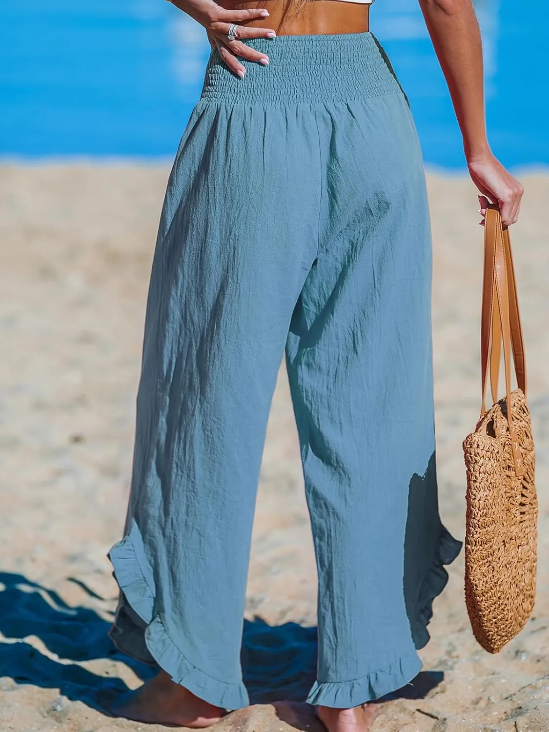 CUPSHE Women Pants Smocked Waist Straight Leg Ruffle Cuffs Loose Fit Pant Casual Beach