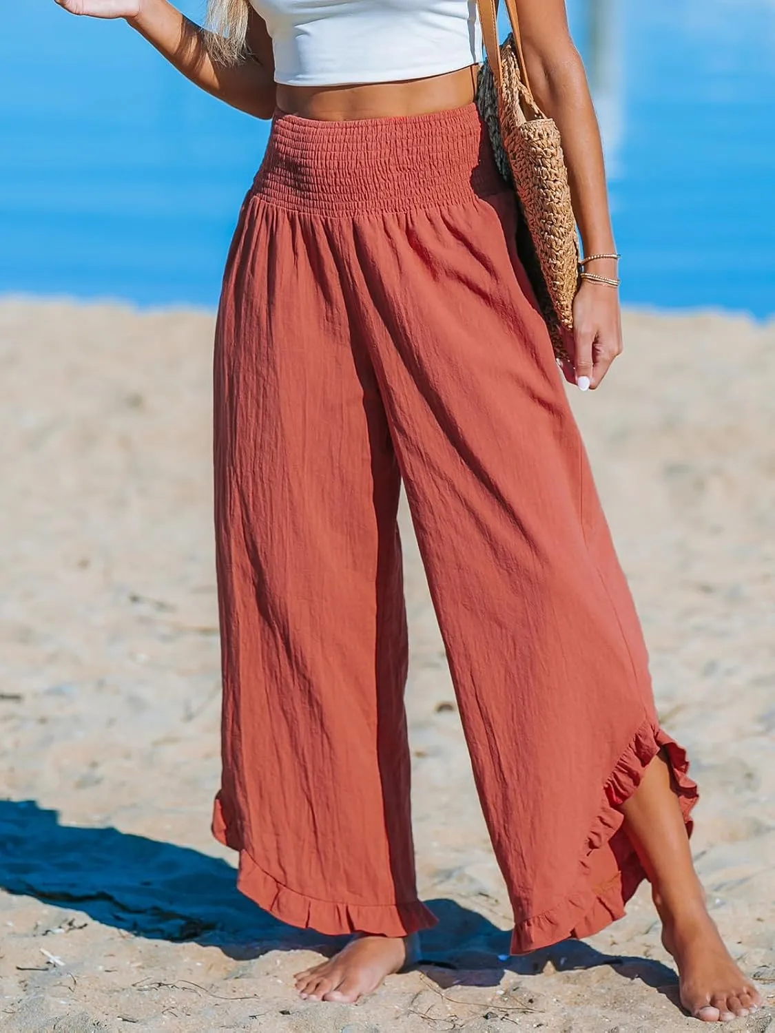 CUPSHE Women Pants Smocked Waist Straight Leg Ruffle Cuffs Loose Fit Pant Casual Beach