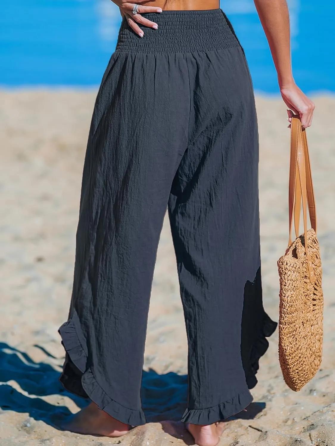 CUPSHE Women Pants Smocked Waist Straight Leg Ruffle Cuffs Loose Fit Pant Casual Beach
