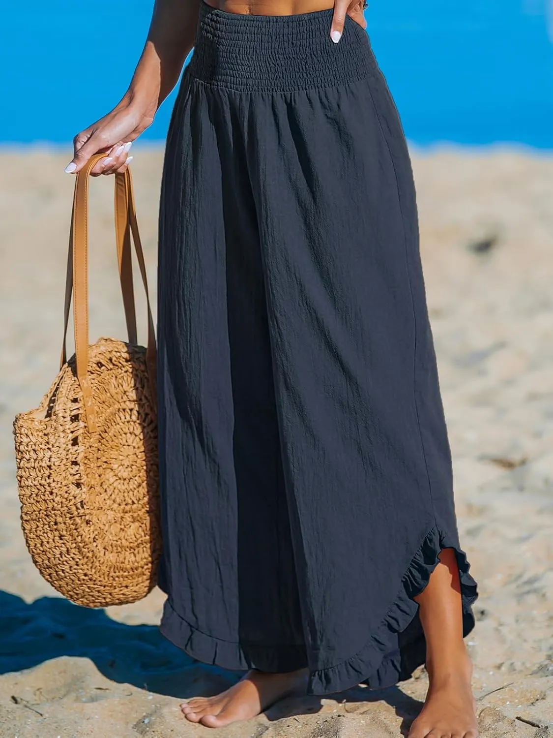 CUPSHE Women Pants Smocked Waist Straight Leg Ruffle Cuffs Loose Fit Pant Casual Beach
