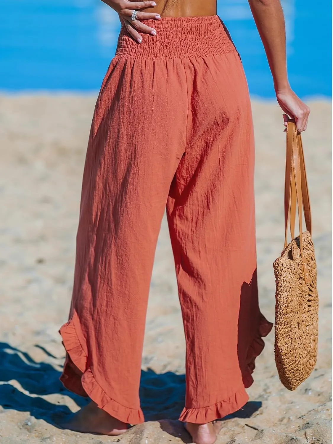CUPSHE Women Pants Smocked Waist Straight Leg Ruffle Cuffs Loose Fit Pant Casual Beach