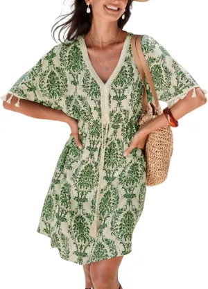 CUPSHE Women Tassel Trim Summer Dress V Neck Lace Short Sleeve Paisley Boho Casual Sundress Holiday Beach Mini Dress