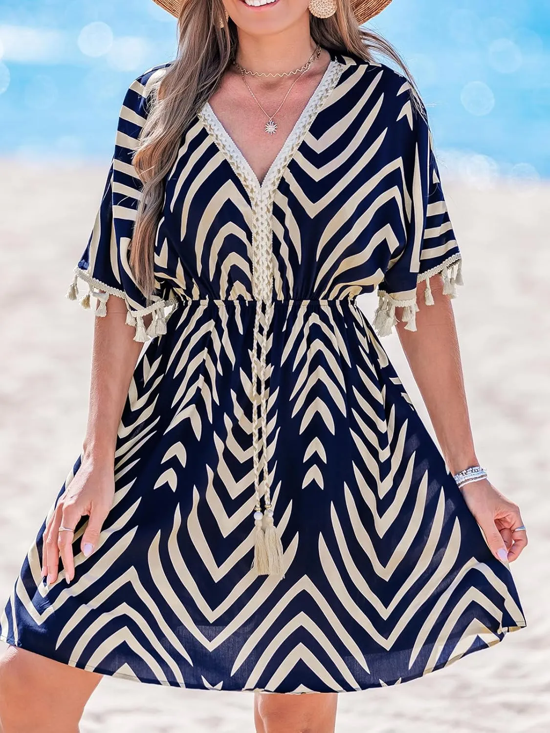CUPSHE Women Tassel Trim Summer Dress V Neck Lace Short Sleeve Paisley Boho Casual Sundress Holiday Beach Mini Dress