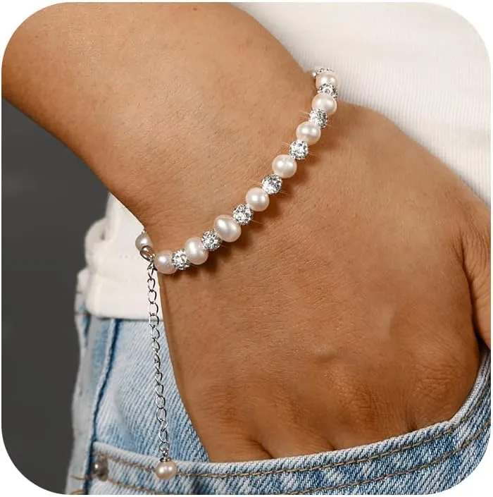 CZ Pearl Bracelets for Women, 925 Sterling Silver Natural Pearl with Cubic Zirconia Crystal Bead Sparkle Bracelet for Brides Adjustable Silver Handmade Jewelry Bracelets for Birthday Party Graduation Gifts