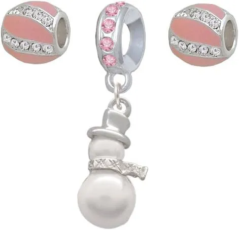 Delight Jewelry Imitation Pearl Snowman Pink Sparkle Crystal Charm Beads (Set of 3)