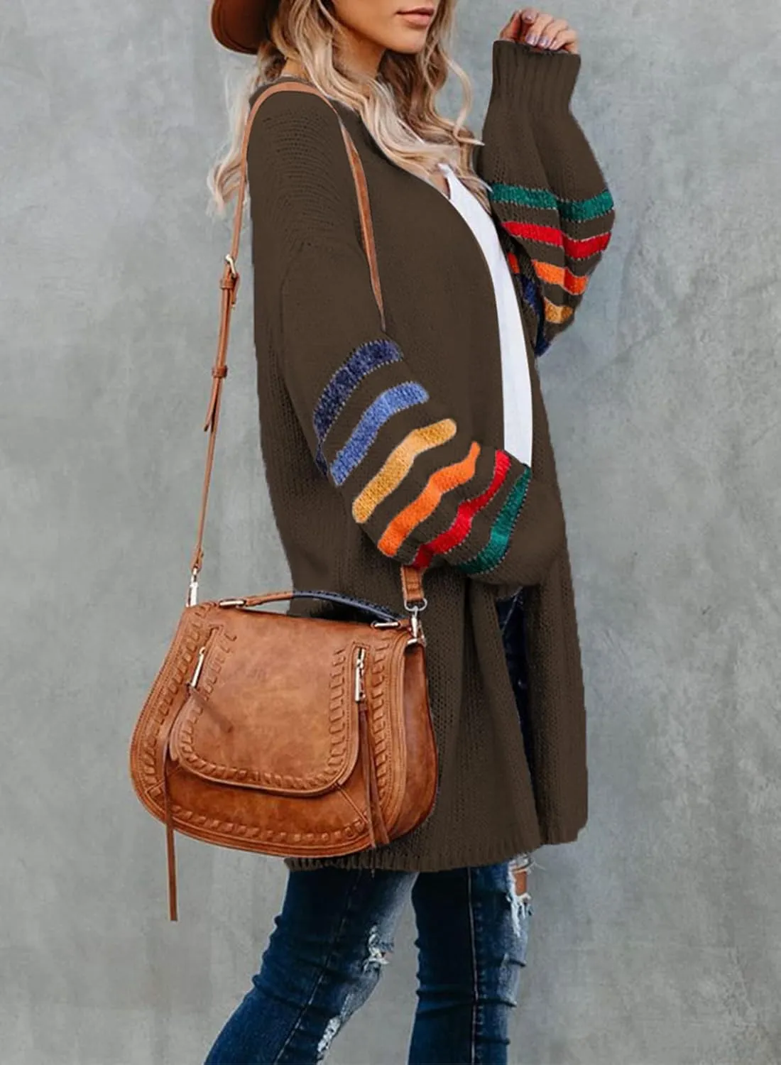 Dokotoo Women's Long Open Front Cardigans Striped Color Block Loose Knit Sweaters Outwear Coat