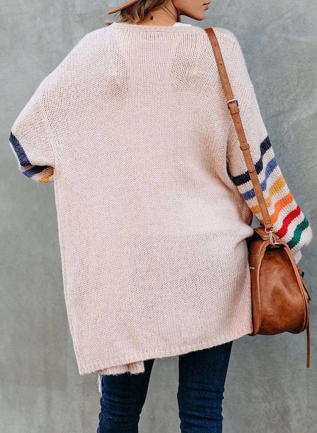 Dokotoo Women's Long Open Front Cardigans Striped Color Block Loose Knit Sweaters Outwear Coat