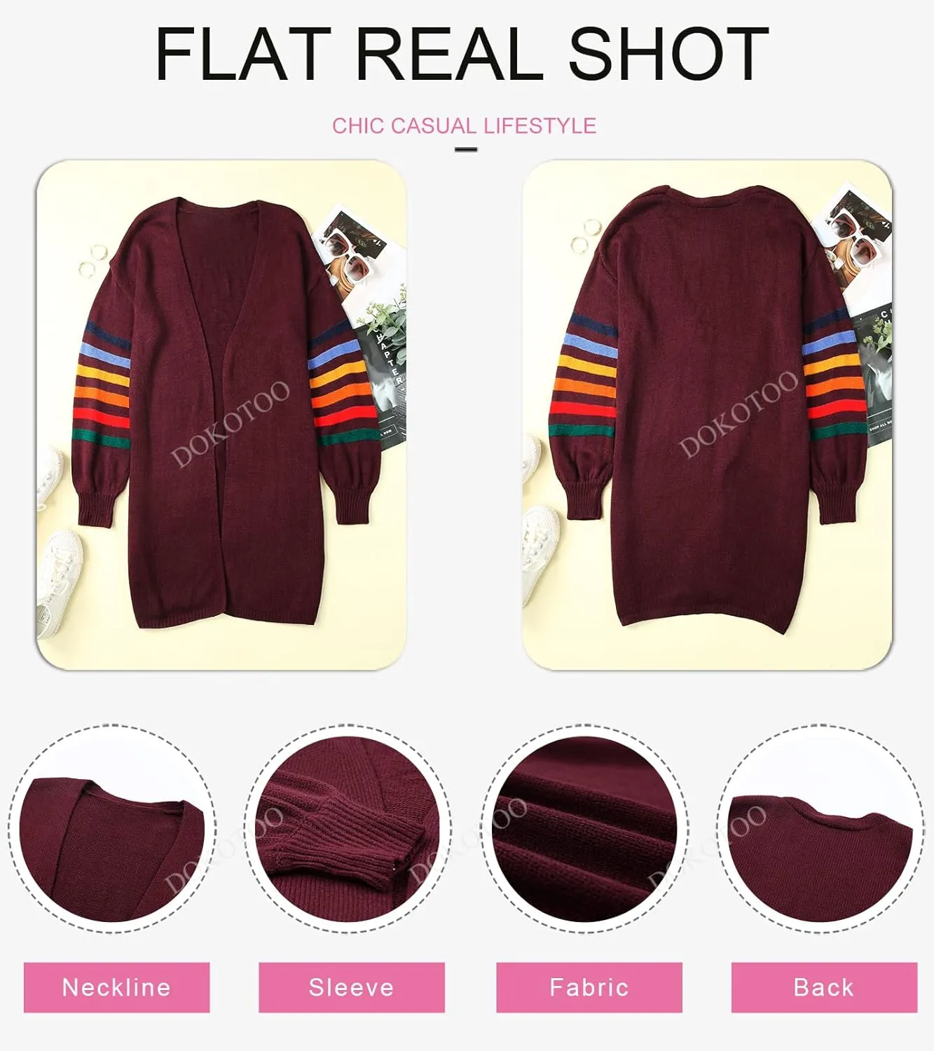 Dokotoo Women's Long Open Front Cardigans Striped Color Block Loose Knit Sweaters Outwear Coat