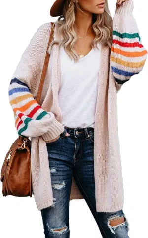 Dokotoo Women's Long Open Front Cardigans Striped Color Block Loose Knit Sweaters Outwear Coat