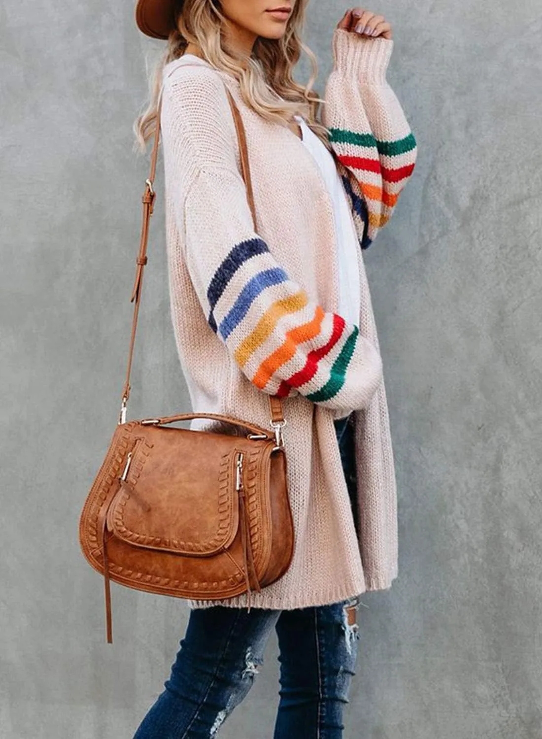 Dokotoo Women's Long Open Front Cardigans Striped Color Block Loose Knit Sweaters Outwear Coat