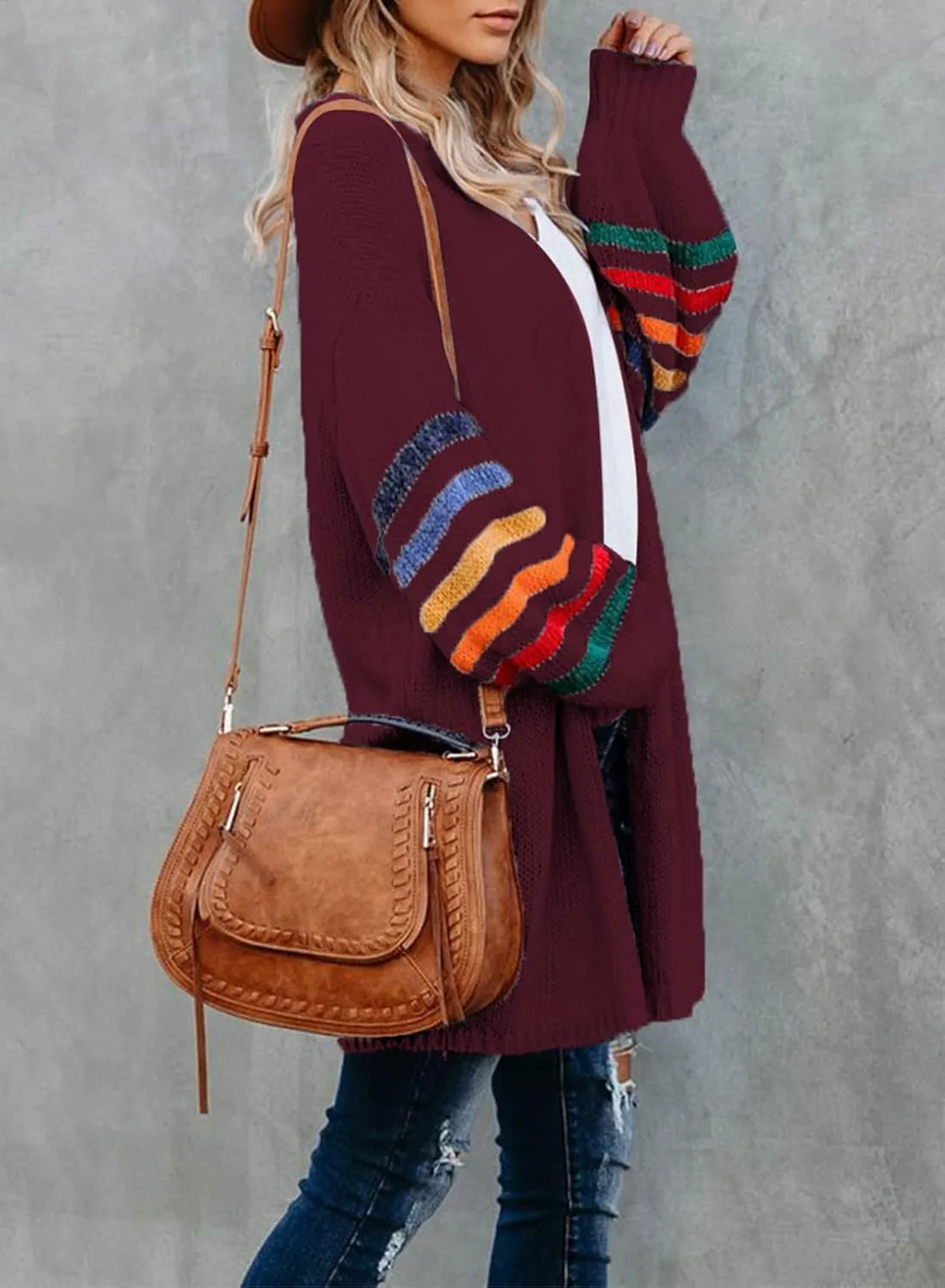 Dokotoo Women's Long Open Front Cardigans Striped Color Block Loose Knit Sweaters Outwear Coat