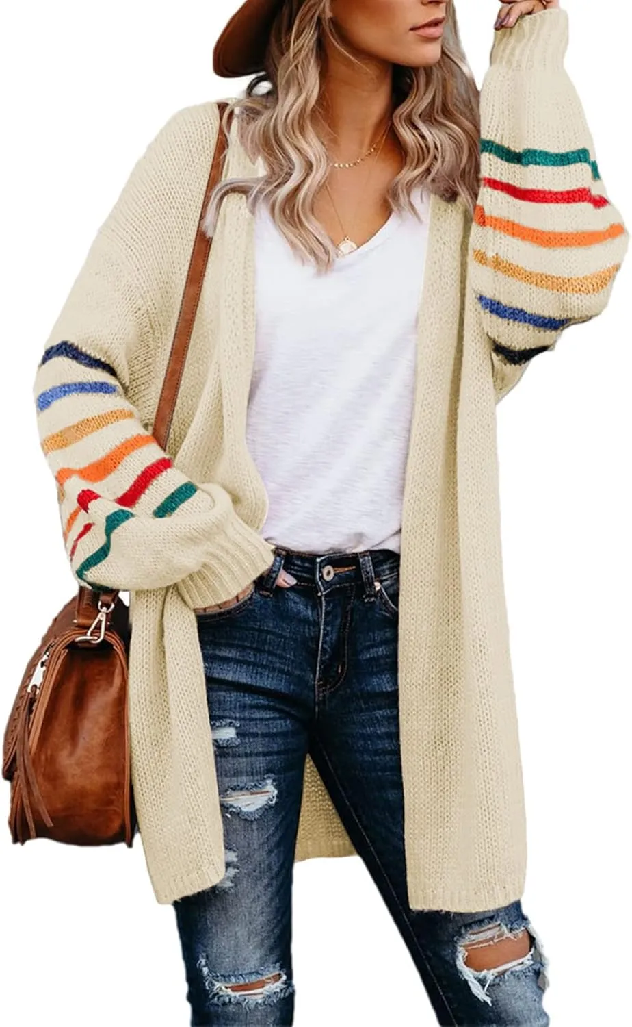 Dokotoo Women's Long Open Front Cardigans Striped Color Block Loose Knit Sweaters Outwear Coat