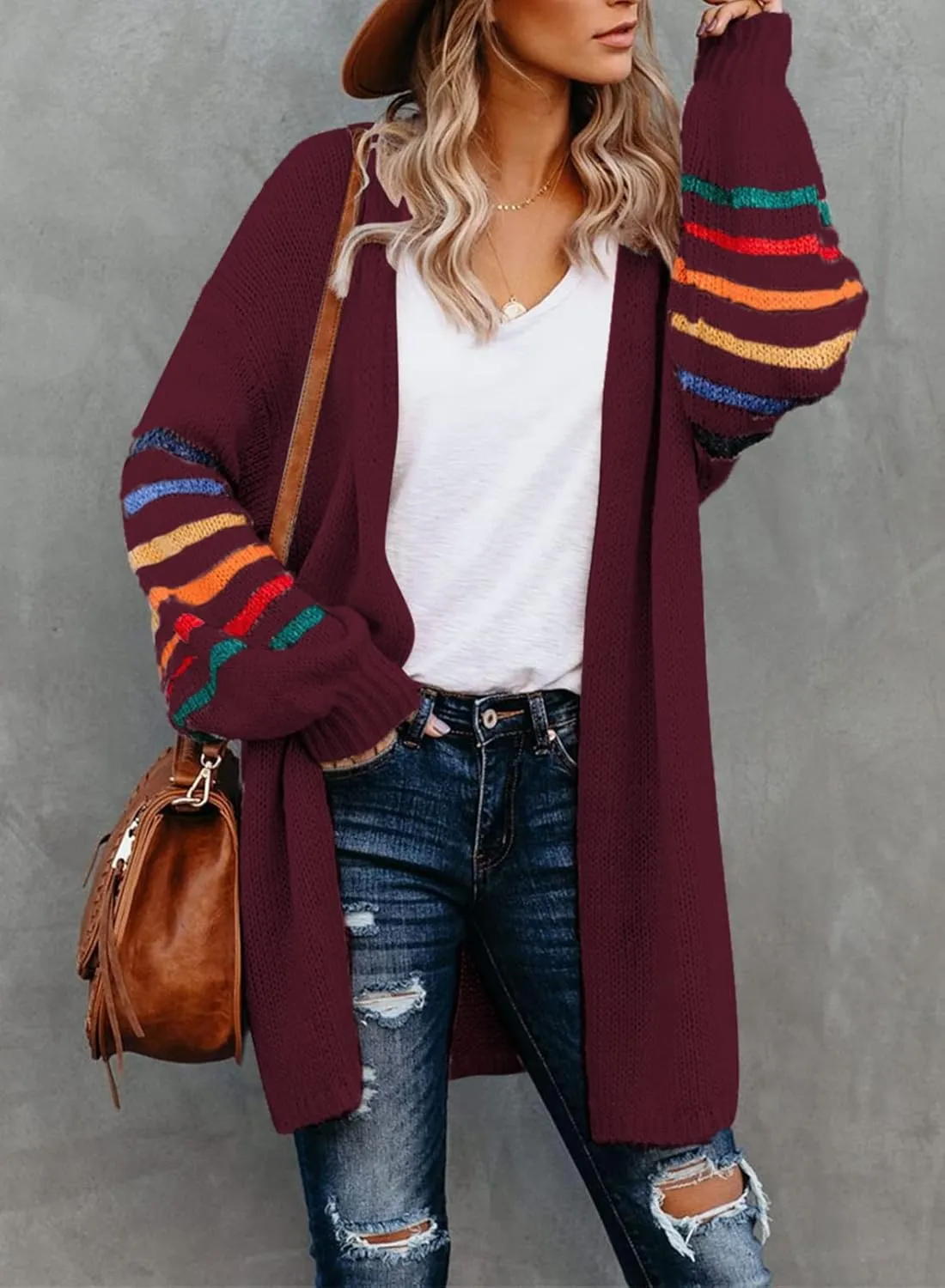 Dokotoo Women's Long Open Front Cardigans Striped Color Block Loose Knit Sweaters Outwear Coat