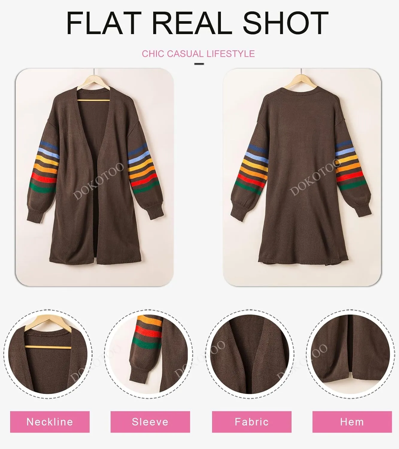Dokotoo Women's Long Open Front Cardigans Striped Color Block Loose Knit Sweaters Outwear Coat