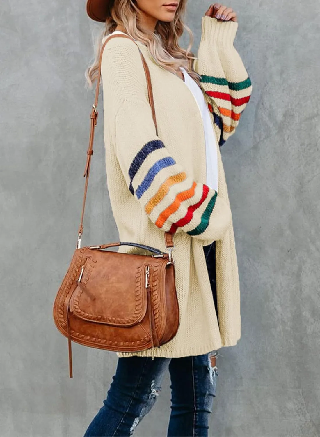 Dokotoo Women's Long Open Front Cardigans Striped Color Block Loose Knit Sweaters Outwear Coat