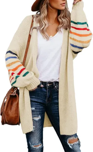 Dokotoo Women's Long Open Front Cardigans Striped Color Block Loose Knit Sweaters Outwear Coat
