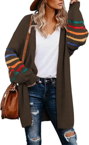 Dokotoo Women's Long Open Front Cardigans Striped Color Block Loose Knit Sweaters Outwear Coat