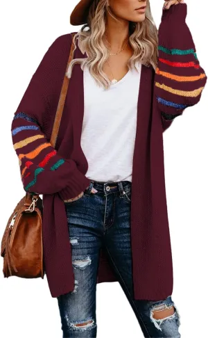 Dokotoo Women's Long Open Front Cardigans Striped Color Block Loose Knit Sweaters Outwear Coat