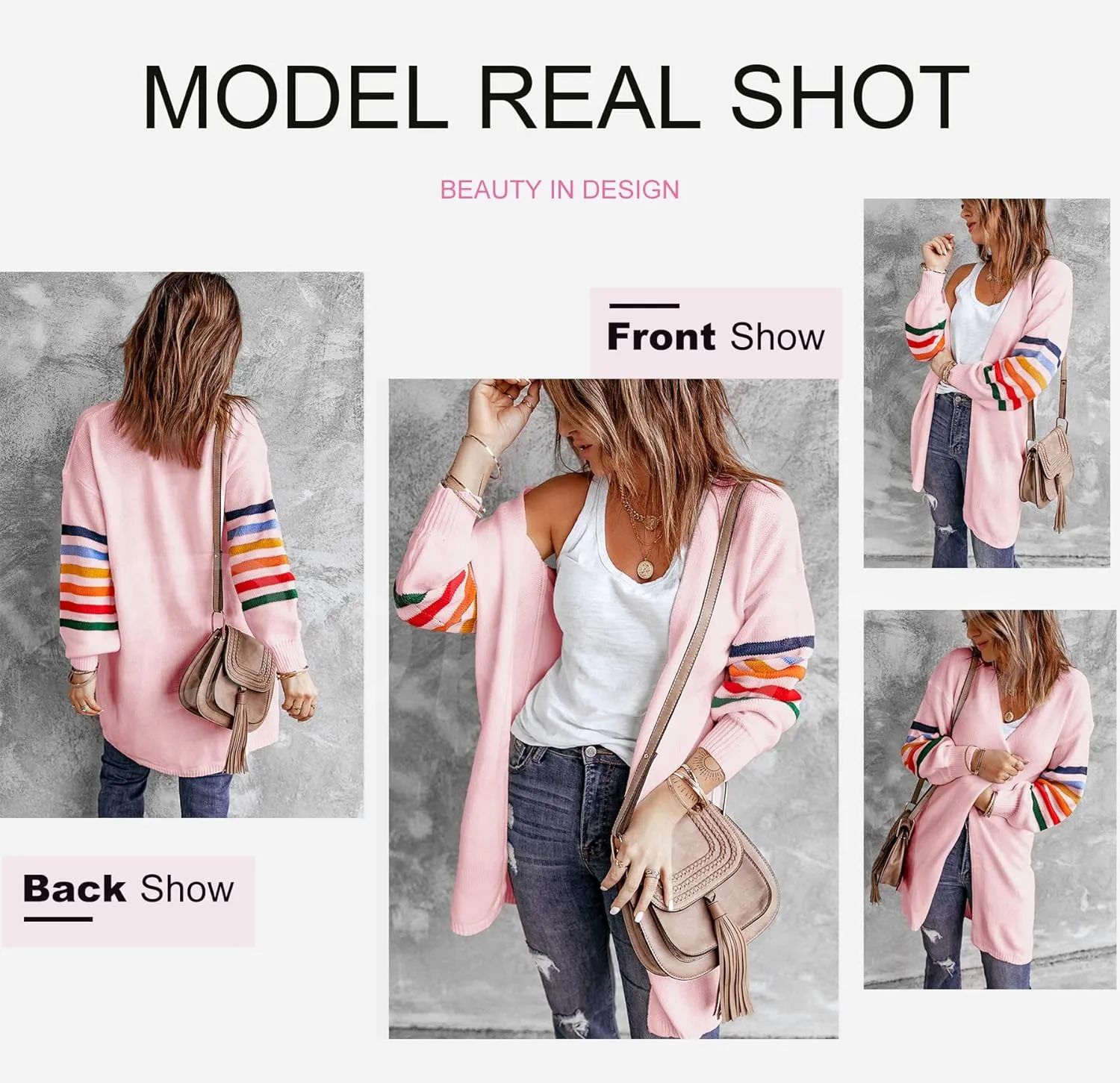 Dokotoo Women's Long Open Front Cardigans Striped Color Block Loose Knit Sweaters Outwear Coat